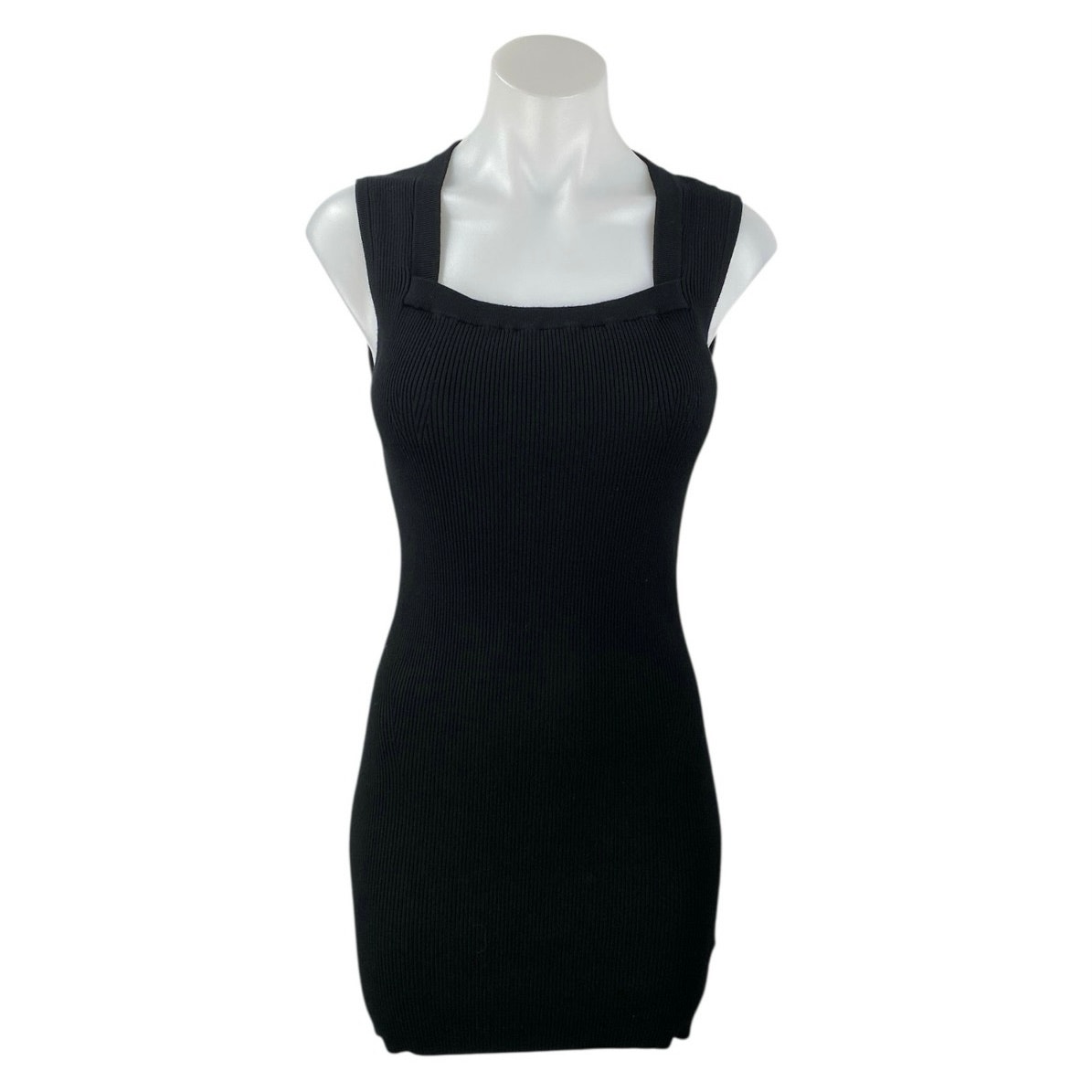 Allsaints Women's Black Rib Knit Sleeveless Square Neck Mini Bodycon Dress Sz L